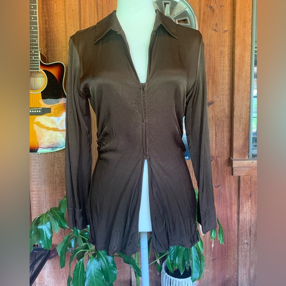 Zara Tops - Zara Brown Long Sleeve Top Shirt Ruching Size M Viscose/Rayon